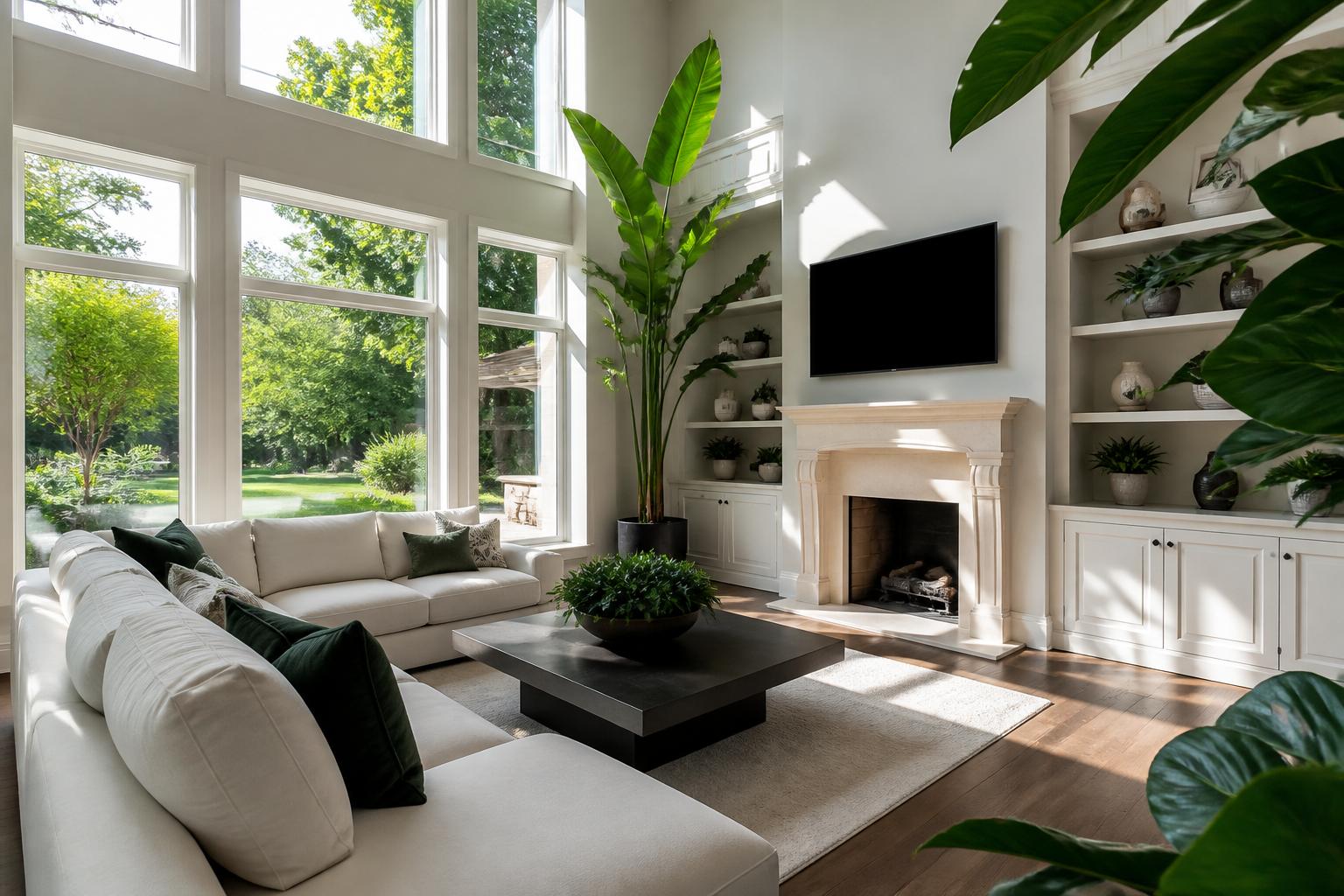 Sun-blasted living room with plants after a professional clean