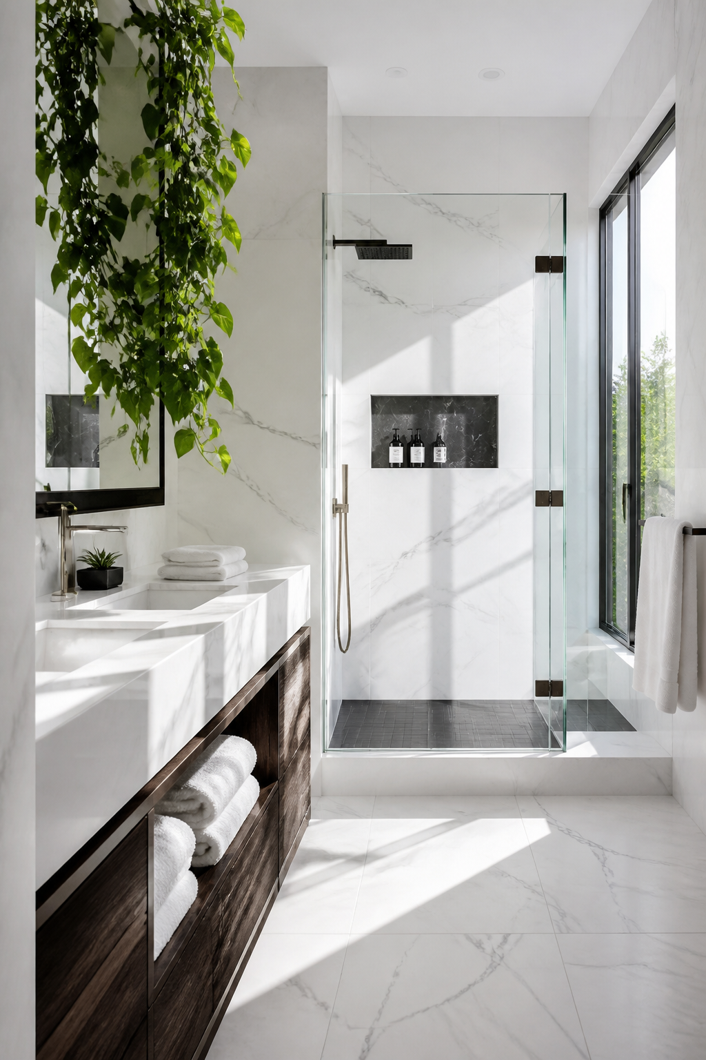 Fresh bathroom with folded towels and a green plant